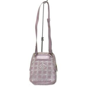 Auth CHANEL New Travel Line Pink White Nylon Jacquard Leather Shoulder Bag